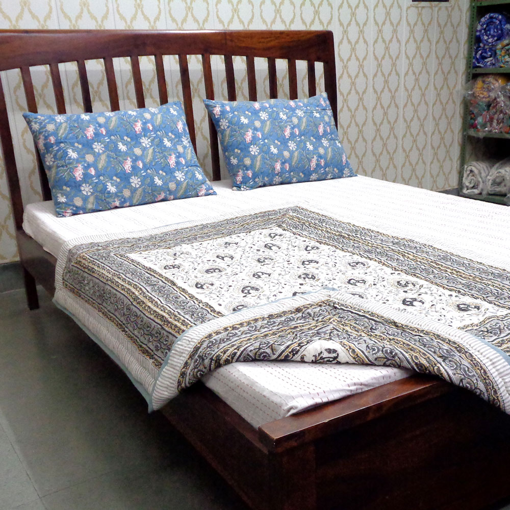 Hand Block Printed Baby Quilt 100x140 cm Jaipur Razai Pan Leaf Dusk 100061