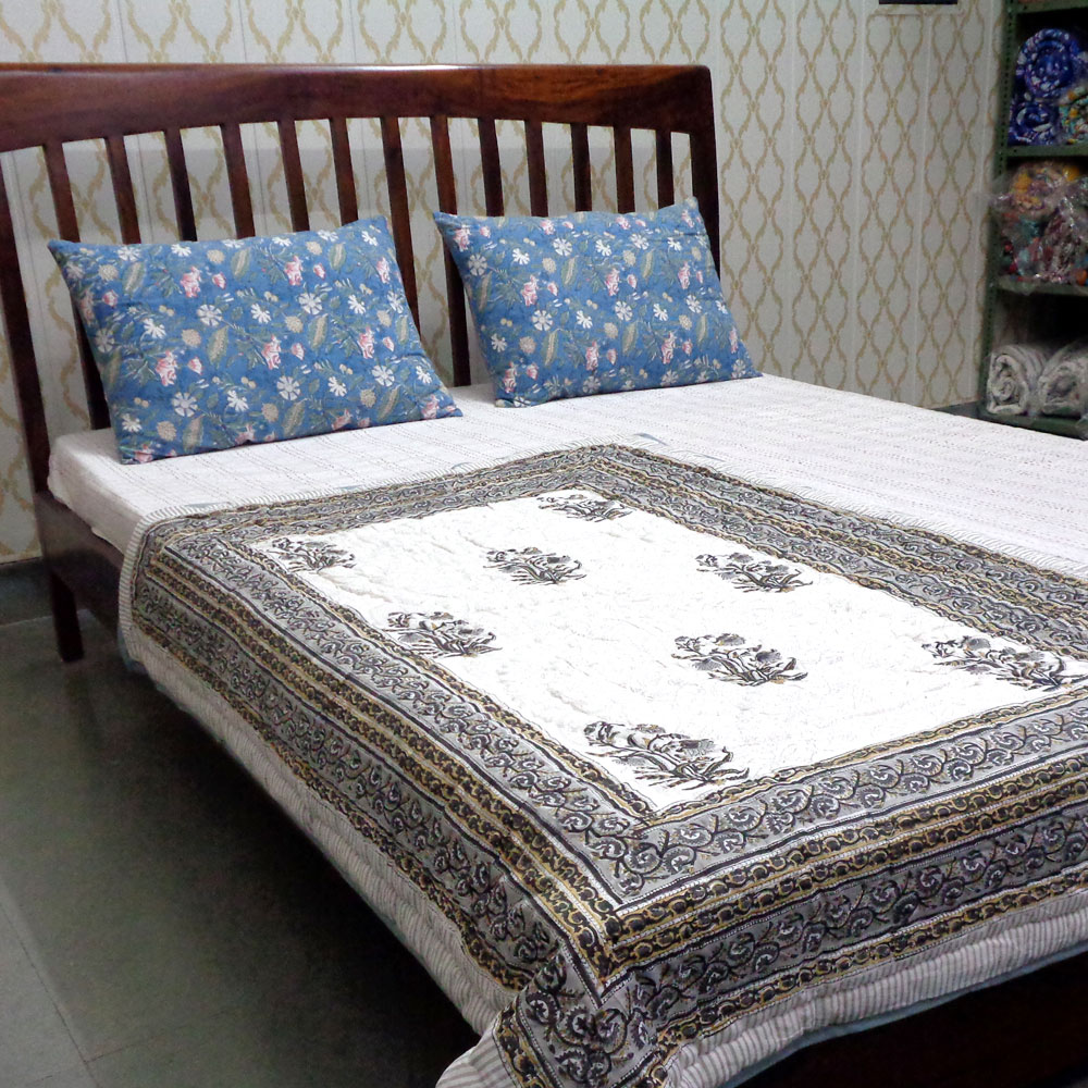 Hand Block Printed Baby Quilt 100x140 cm Jaipur Razai Pan Leaf Dusk 100061