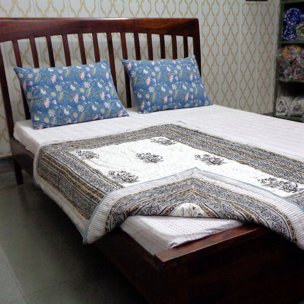 Hand Block Printed Baby Quilt 100x140 cm Jaipur Razai Pan Leaf Dusk 100061
