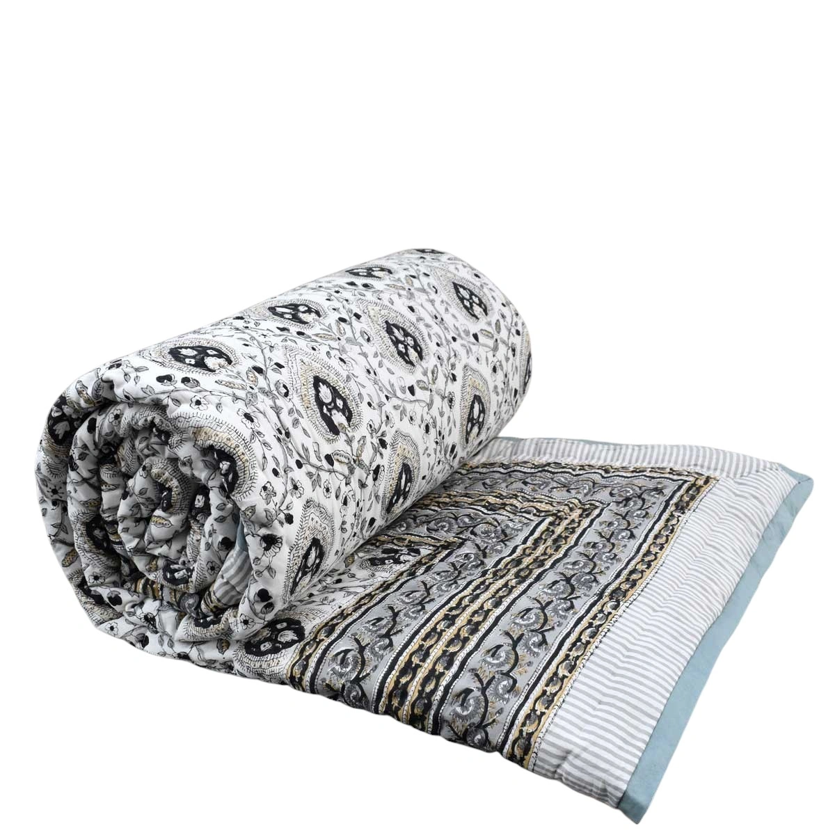 Hand Block Printed Cotton Queen Size Quilt Pan Leaf Dusk 100879