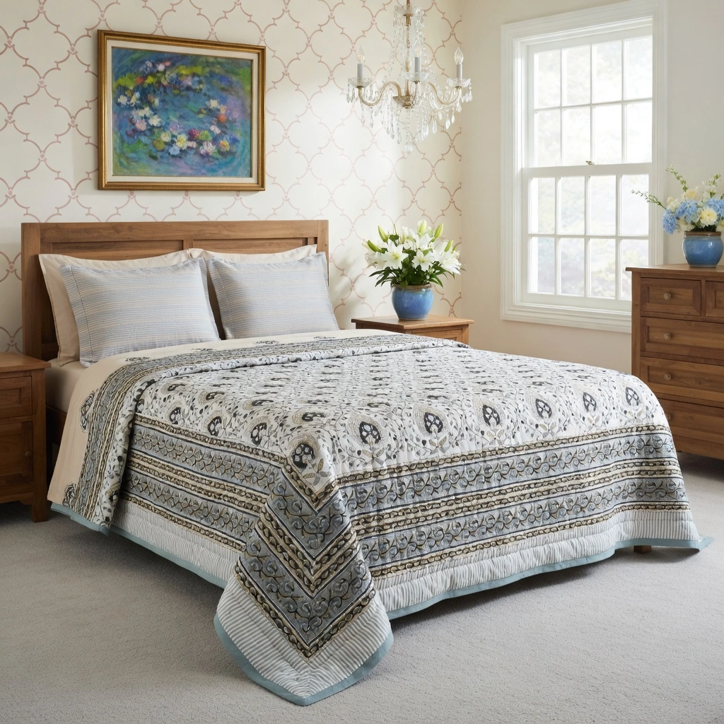 Hand Block Printed Cotton Queen Size Quilt Pan Leaf Dusk 100879