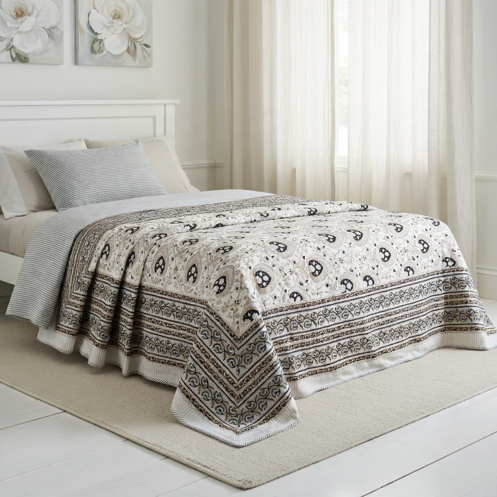 Hand Block Printed Cotton Twin Size Dohar Pan Leaf Dusk 100879