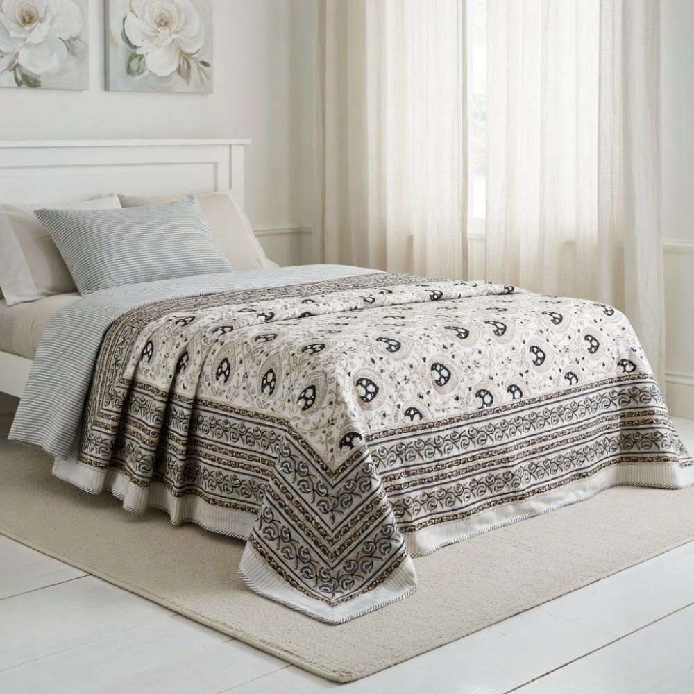 Image of Hand Block Printed Cotton Twin Size Dohar | Pan Leaf Dusk 100879