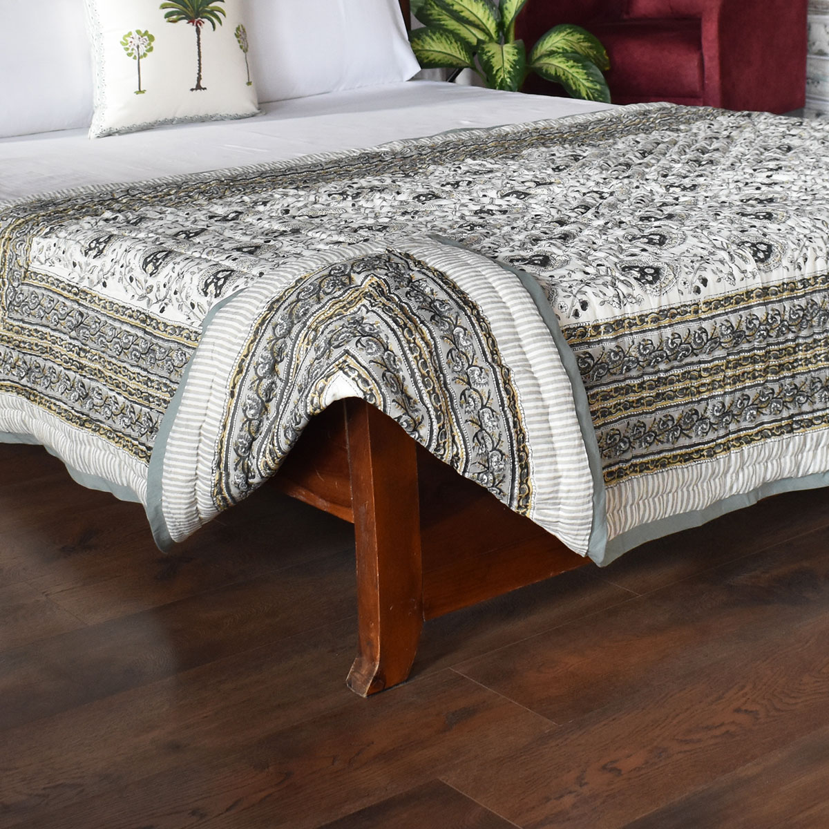 Hand Block Printed Cotton Twin Size Quilt Pan Leaf Dusk 21423