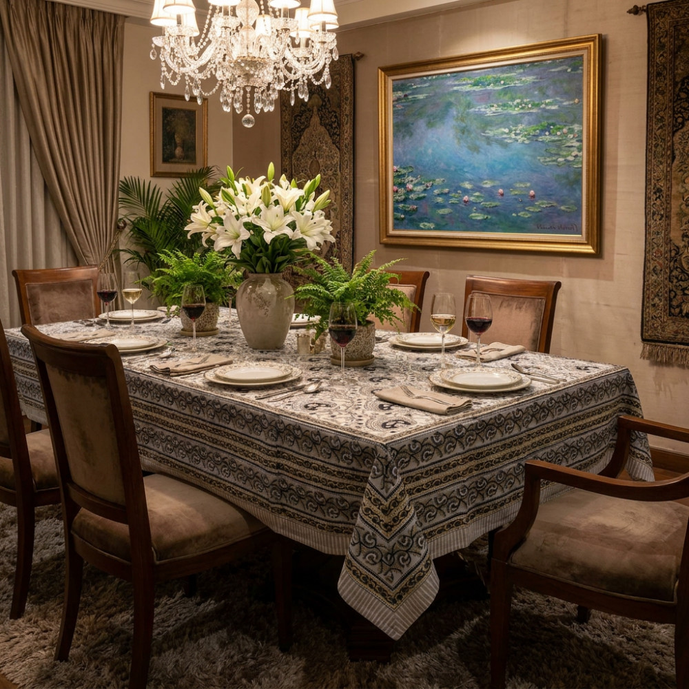 Image of Hand Block Printed Cotton Tablecloth 150x220 cm | Pan Leaf Dusk 8523