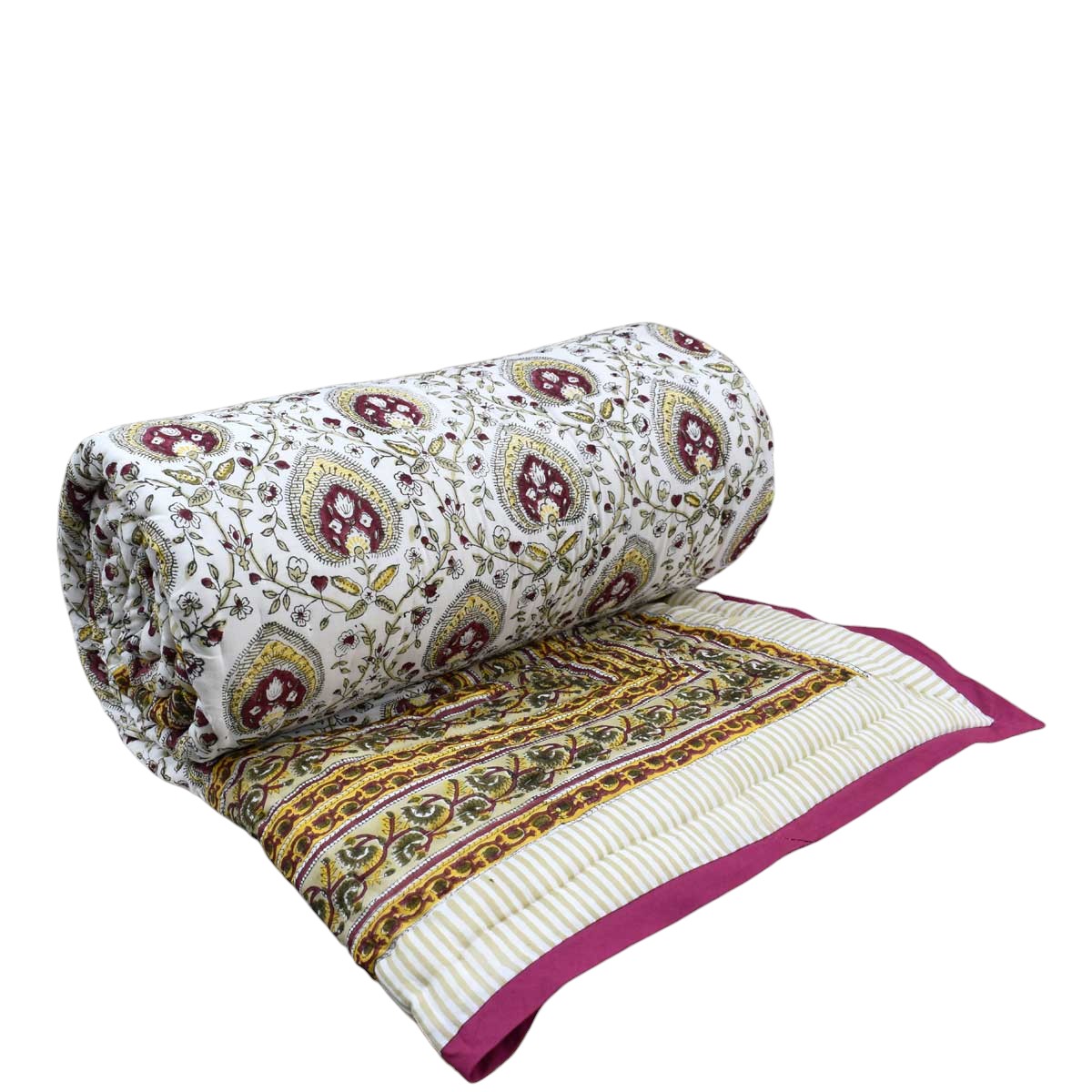 Hand Block Printed Cotton Queen Size Quilt Pan Leaf Golden 205293
