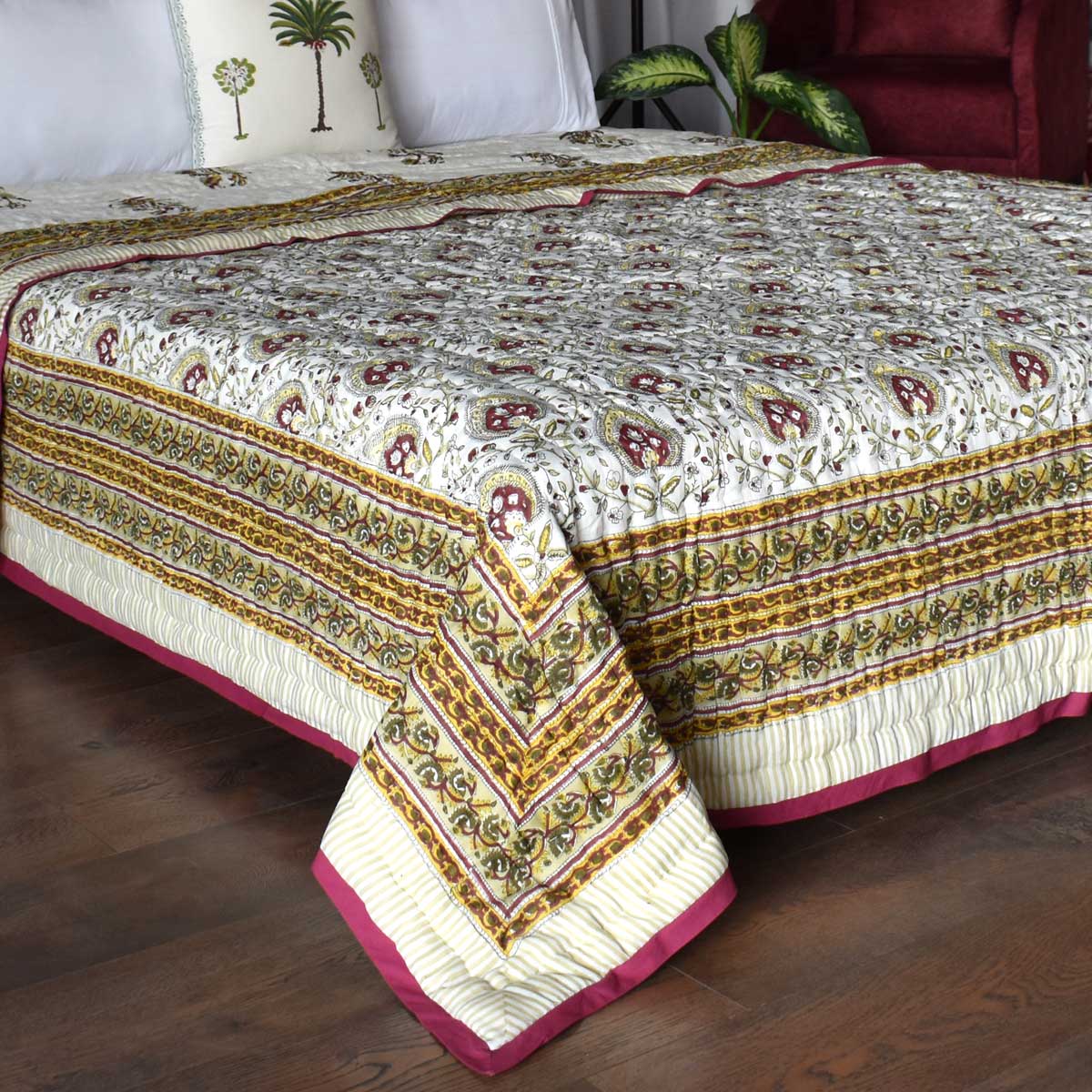 Hand Block Printed Cotton Queen Size Quilt Pan Leaf Golden 205293