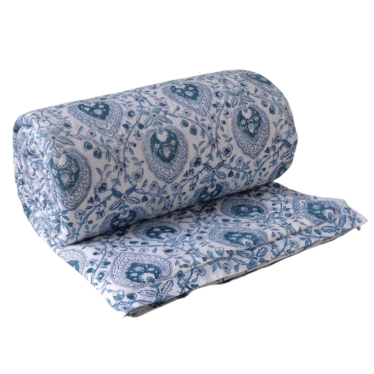 Block Printed Twin Medium Size Quilt Pan Leaf Majolica Blue 309623 A Cozy Winter Essential