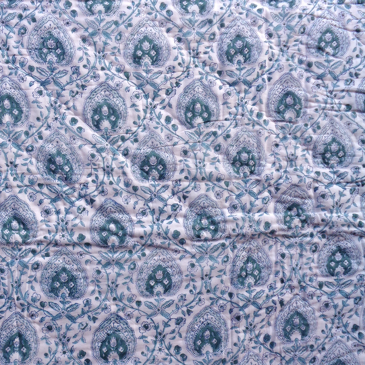 Block Printed Twin Medium Size Quilt Pan Leaf Majolica Blue 309623 A Cozy Winter Essential