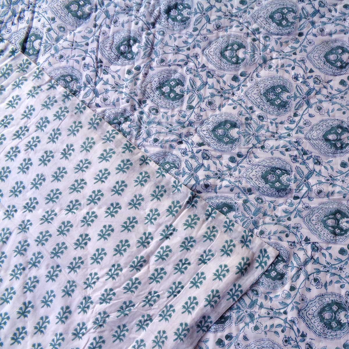Block Printed Twin Medium Size Quilt Pan Leaf Majolica Blue 309623 A Cozy Winter Essential