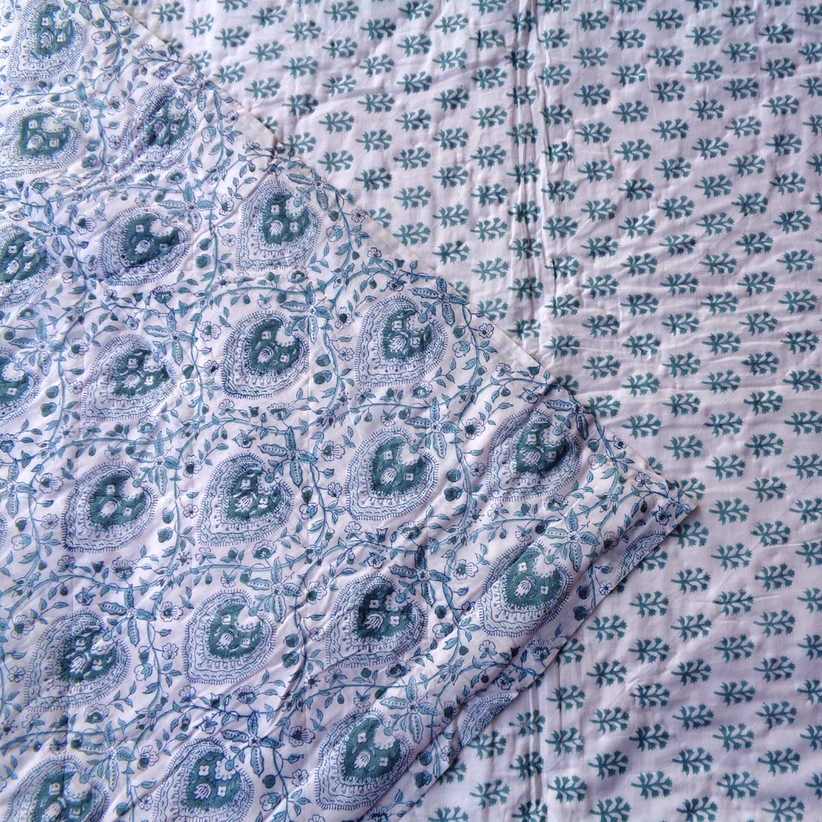 Block Printed Twin Medium Size Quilt Pan Leaf Majolica Blue 309623 A Cozy Winter Essential