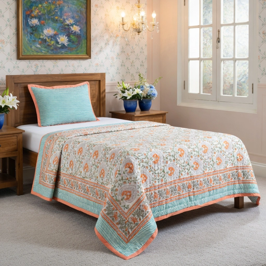 Hand Block Printed Cotton Twin Size Quilt Pan Leaf Orange 251201