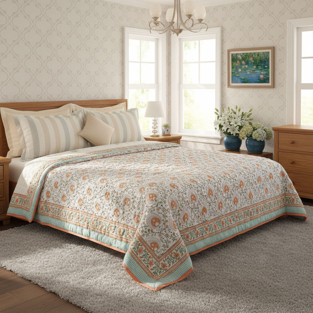 Hand Block Printed Cotton Queen Size Quilt Pan Leaf Orange 251201