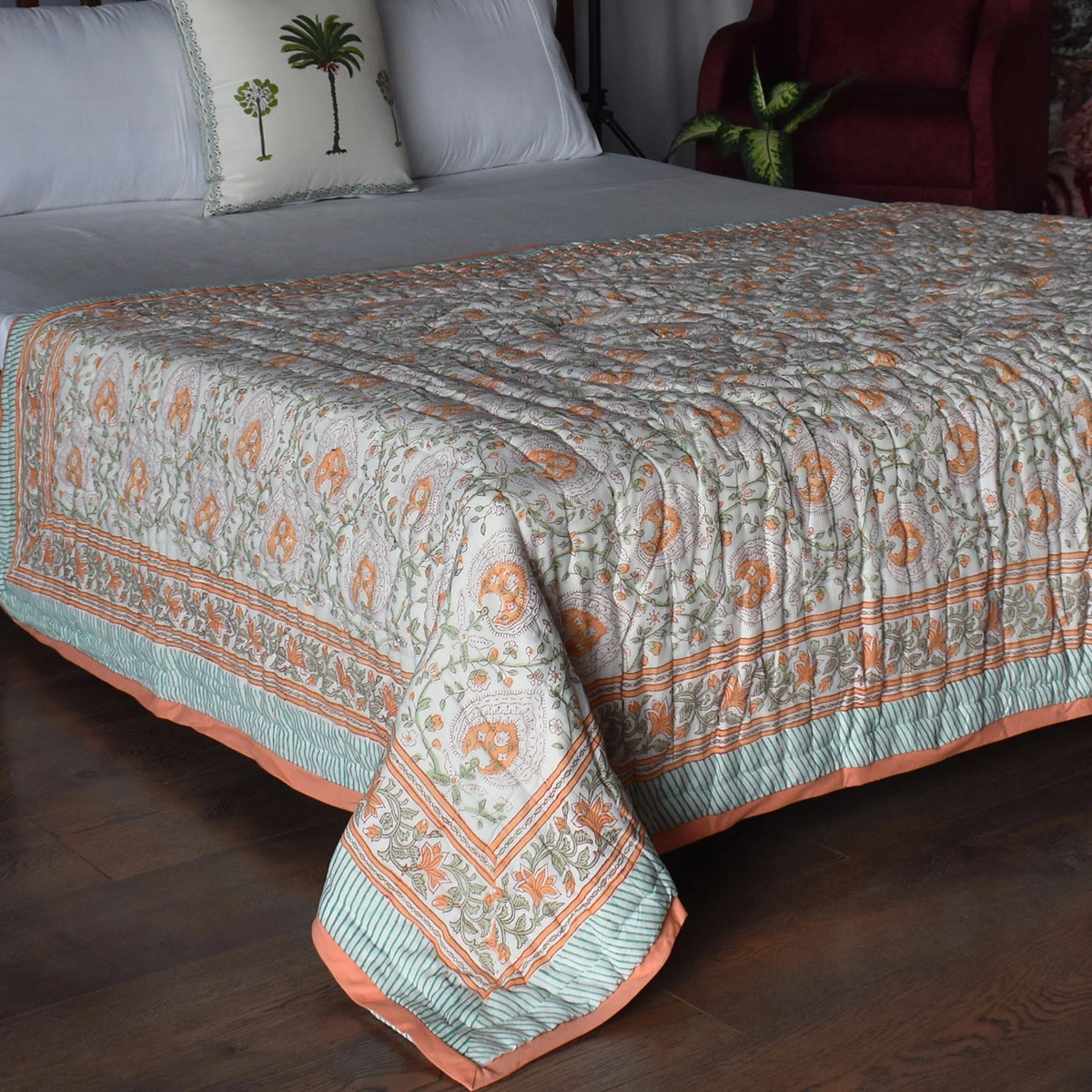 Hand Block Printed Cotton Twin Size Quilt Pan Leaf Orange 251201