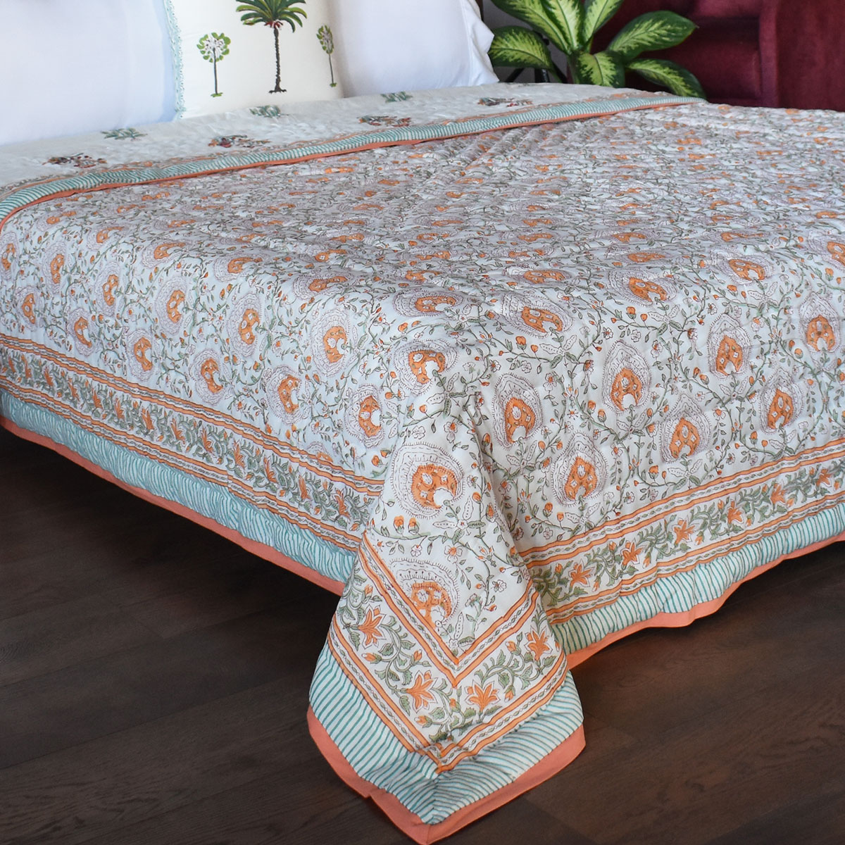 Hand Block Printed Cotton Queen Size Quilt  Pan Leaf Orange 251201