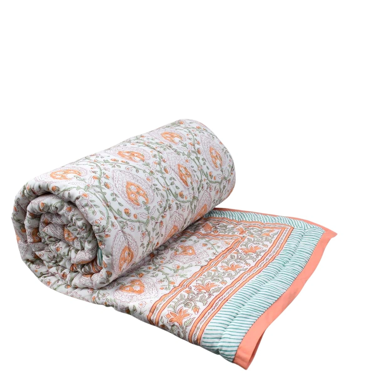 Hand Block Printed Cotton Twin Size Quilt Pan Leaf Orange 251201