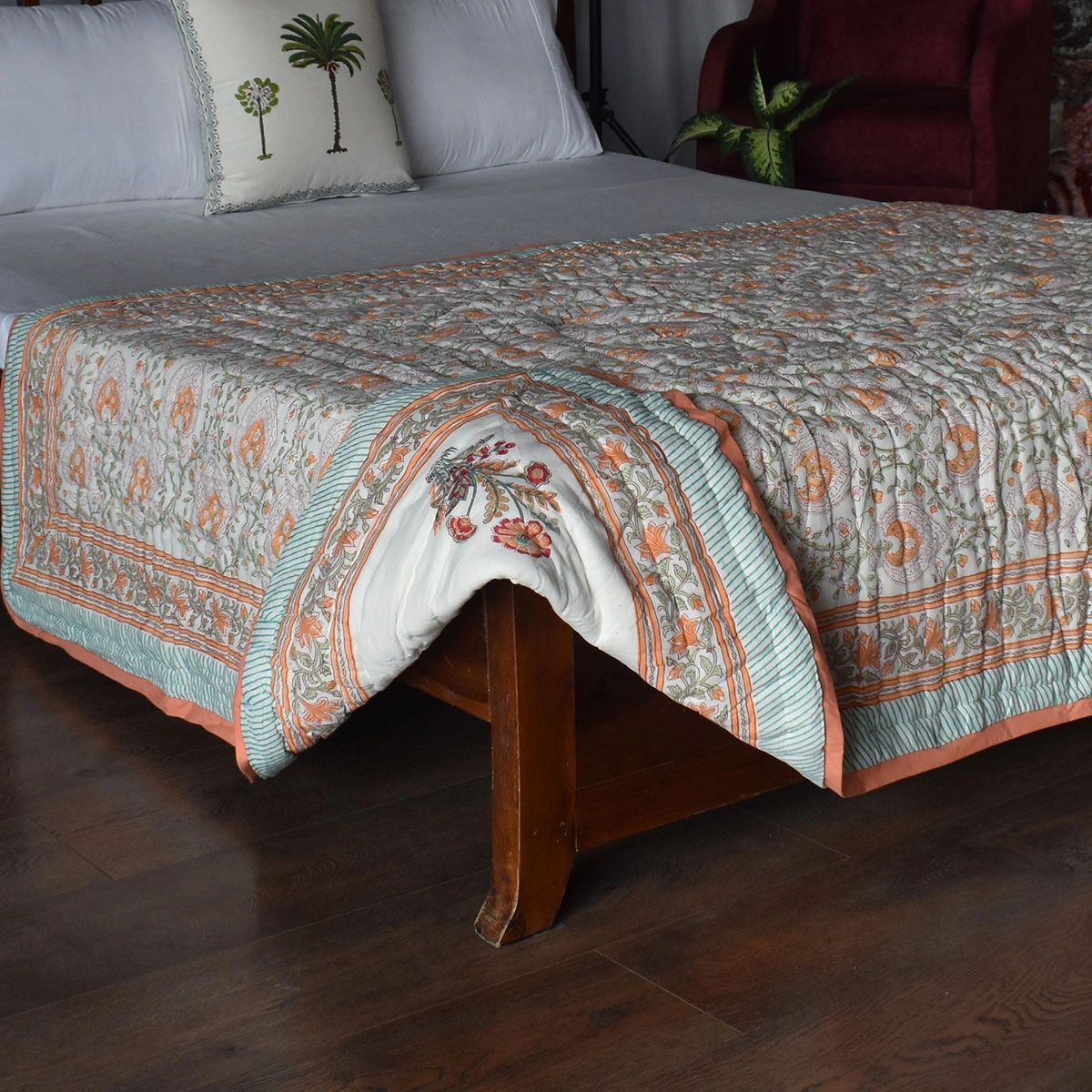 Hand Block Printed Cotton Twin Size Quilt Pan Leaf Orange 251201