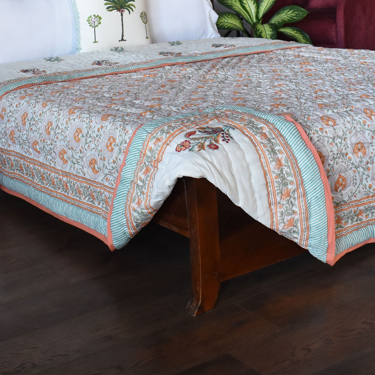 Hand Block Printed Cotton Queen Size Quilt Pan Leaf Orange 251201