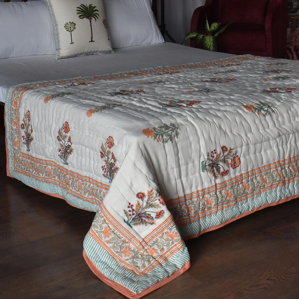 Hand Block Printed Cotton Twin Size Quilt Pan Leaf Orange 251201
