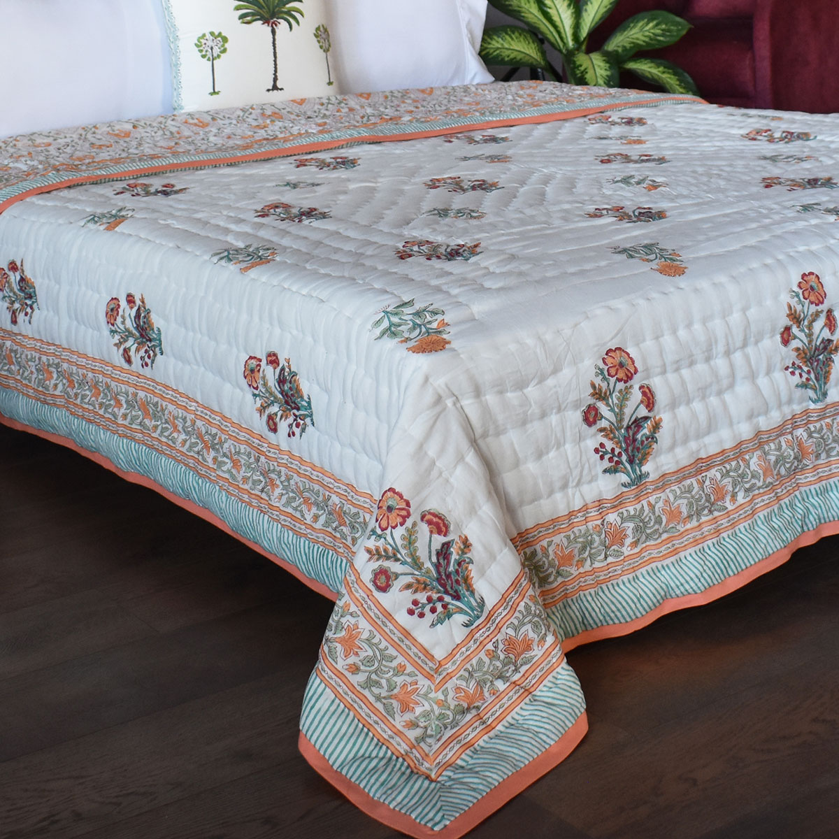 Hand Block Printed Cotton Queen Size Quilt Pan Leaf Orange 251201