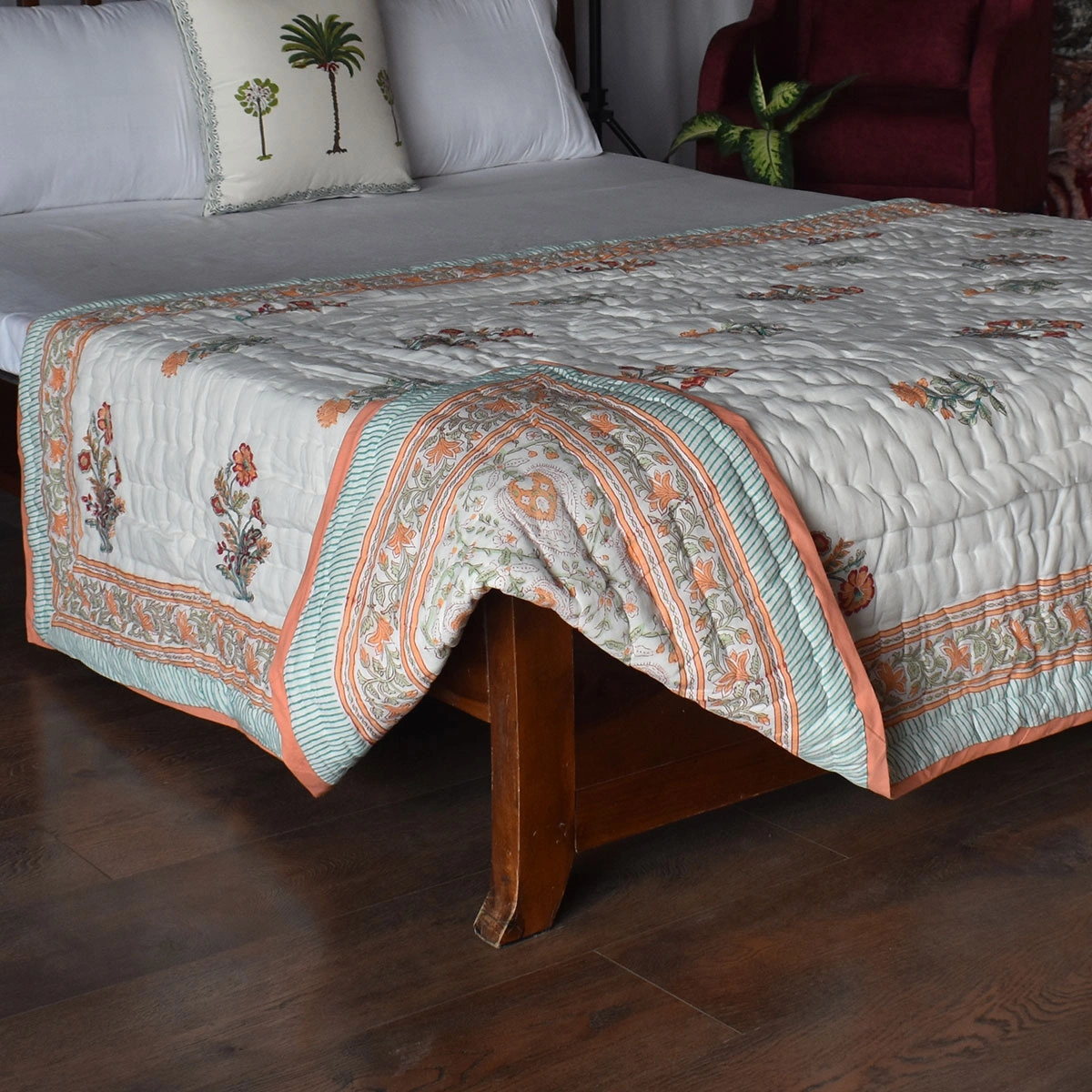Hand Block Printed Cotton Twin Size Quilt Pan Leaf Orange 251201