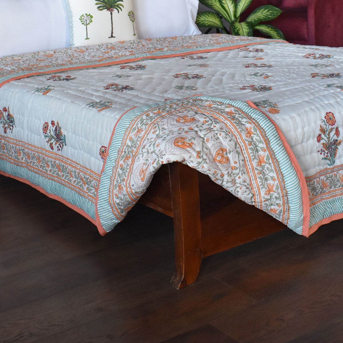 Hand Block Printed Cotton Queen Size Quilt Pan Leaf Orange 251201