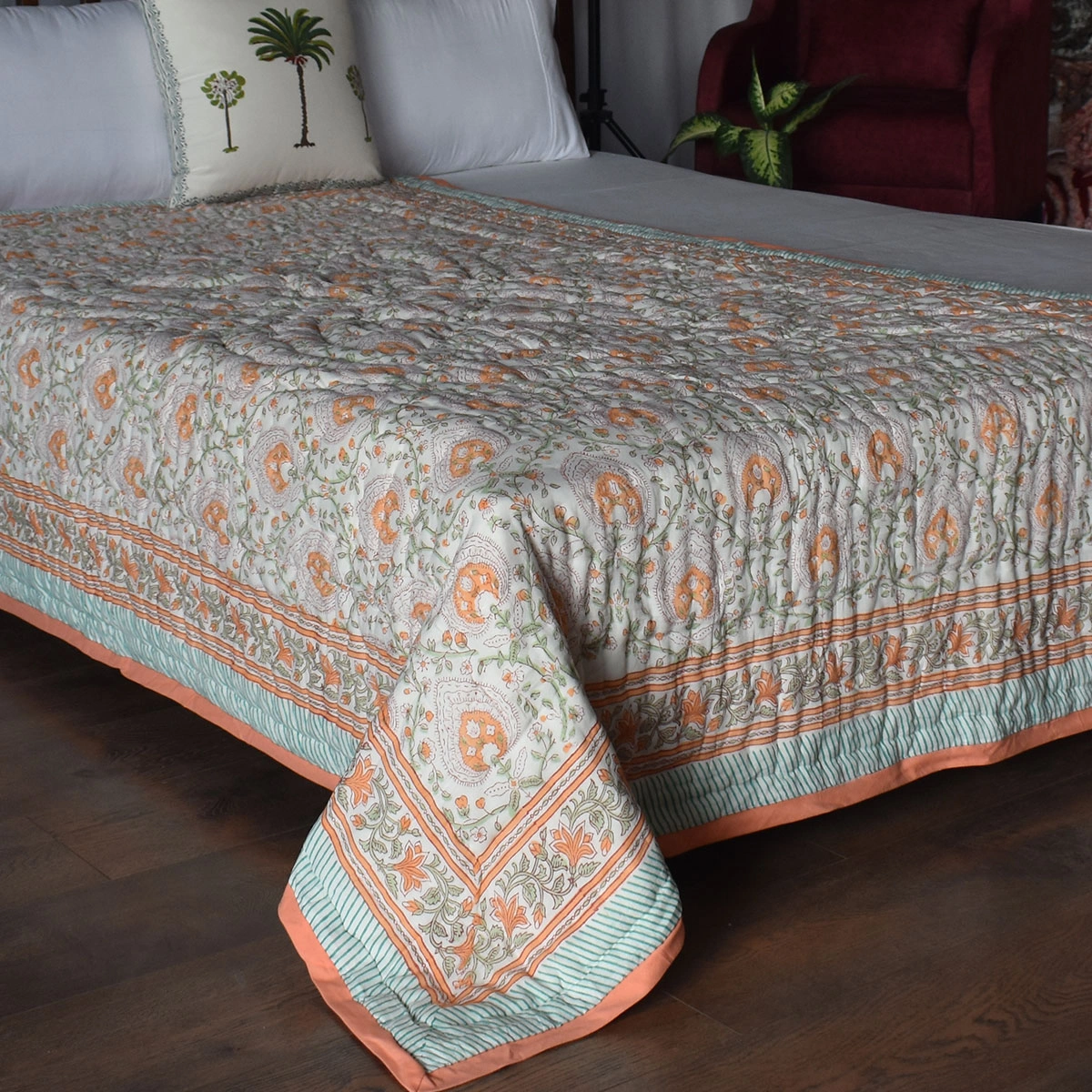 Hand Block Printed Cotton Twin Size Quilt Pan Leaf Orange 251201