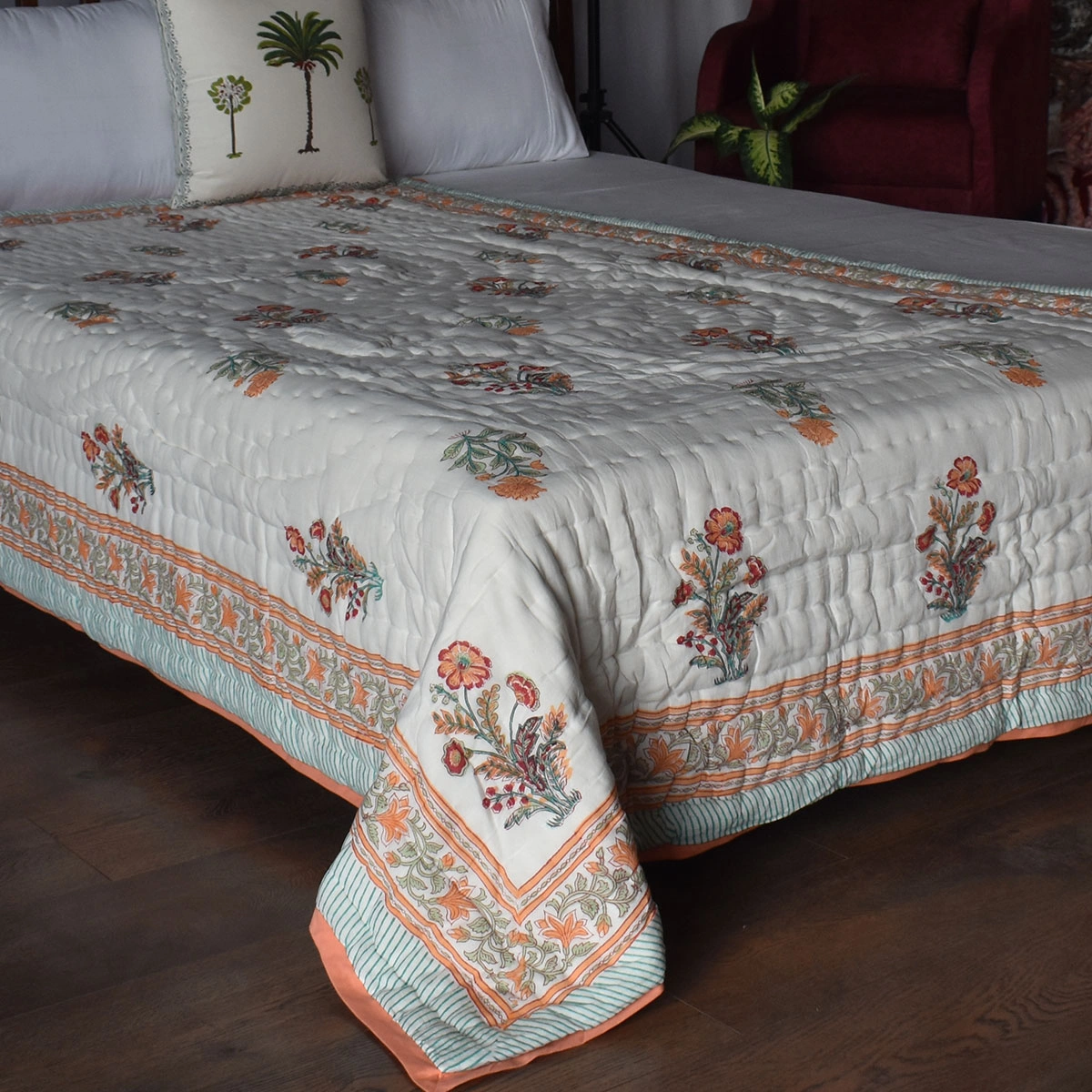 Hand Block Printed Cotton Twin Size Quilt Pan Leaf Orange 251201