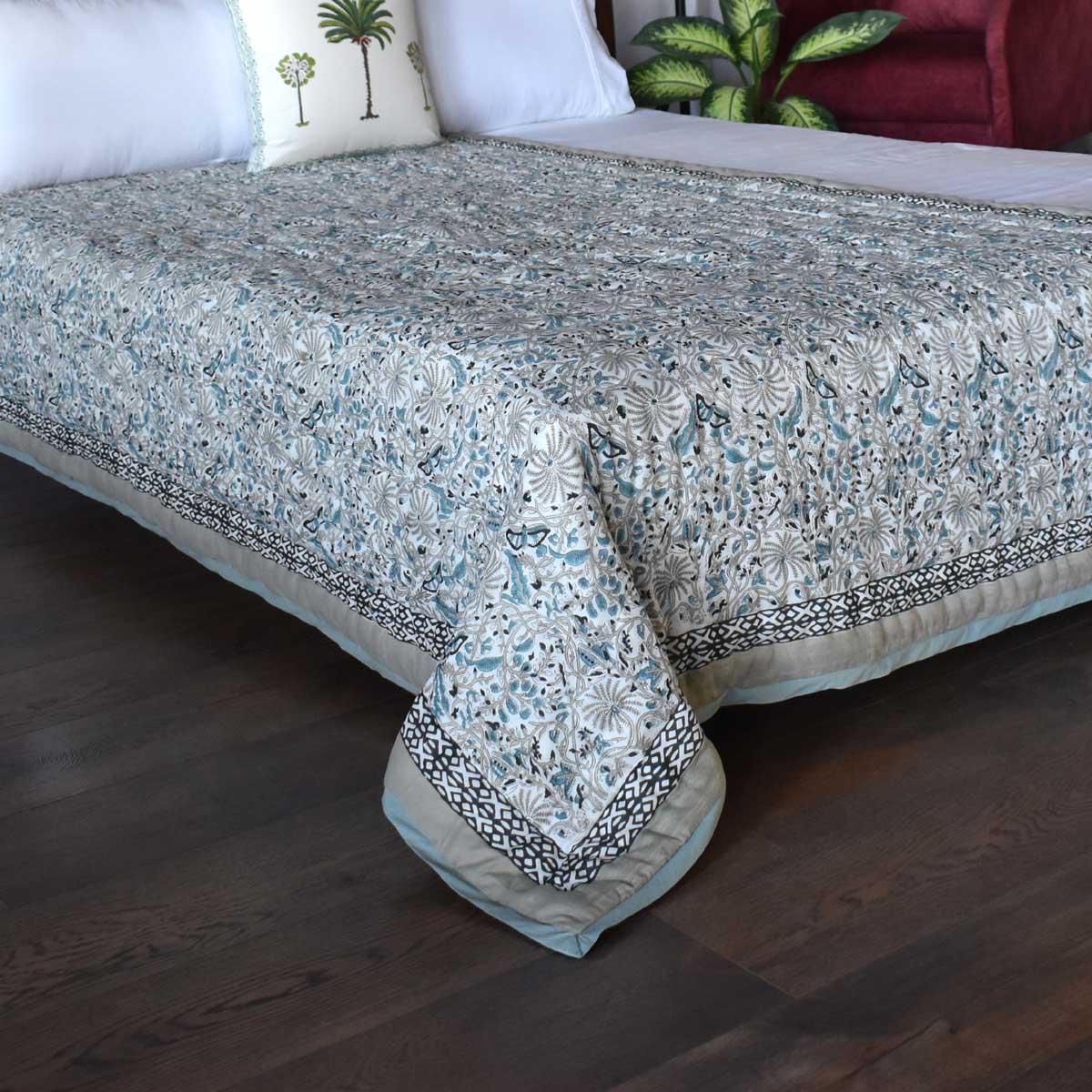 Handmade Block Printed Cotton Twin Size Quilt  Passion Flower 108709