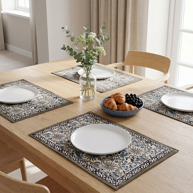 Hand Block Printed Cotton Canvas Table Mat 32x48 cms Set of 2 Table mats Passion Flower 108709