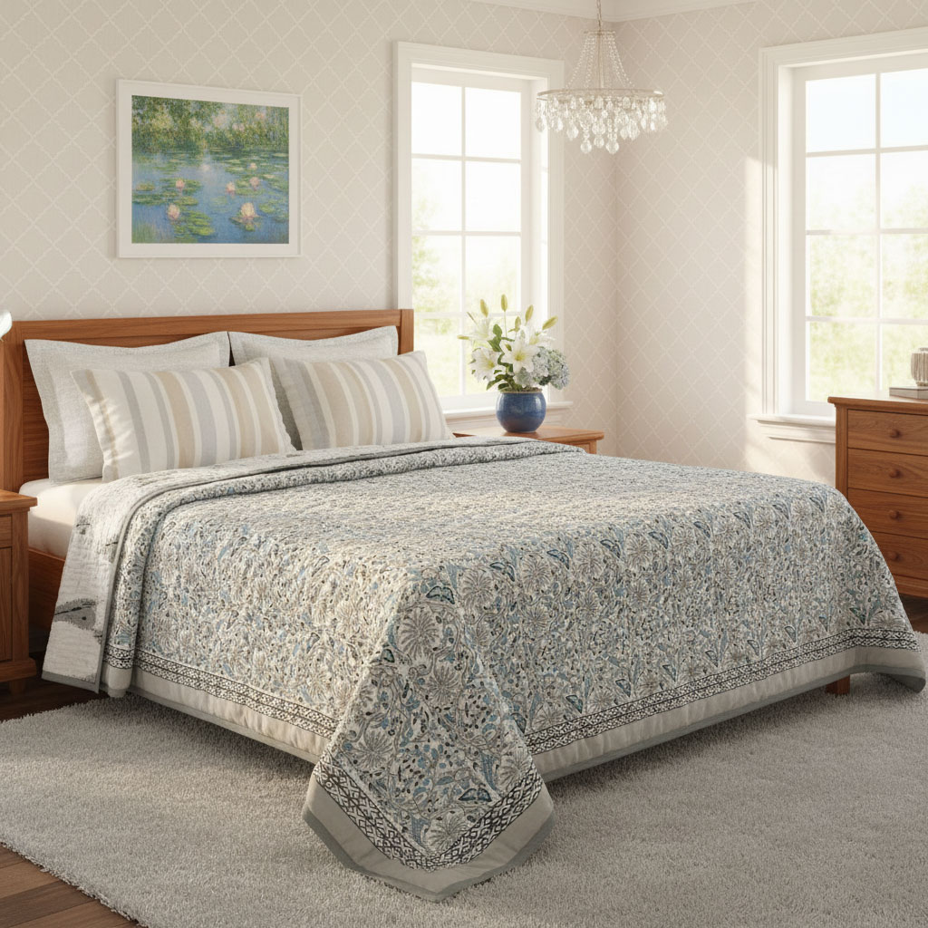 Queen Size Soft Cotton Quilt Handmade Passion Flower Grey 108709