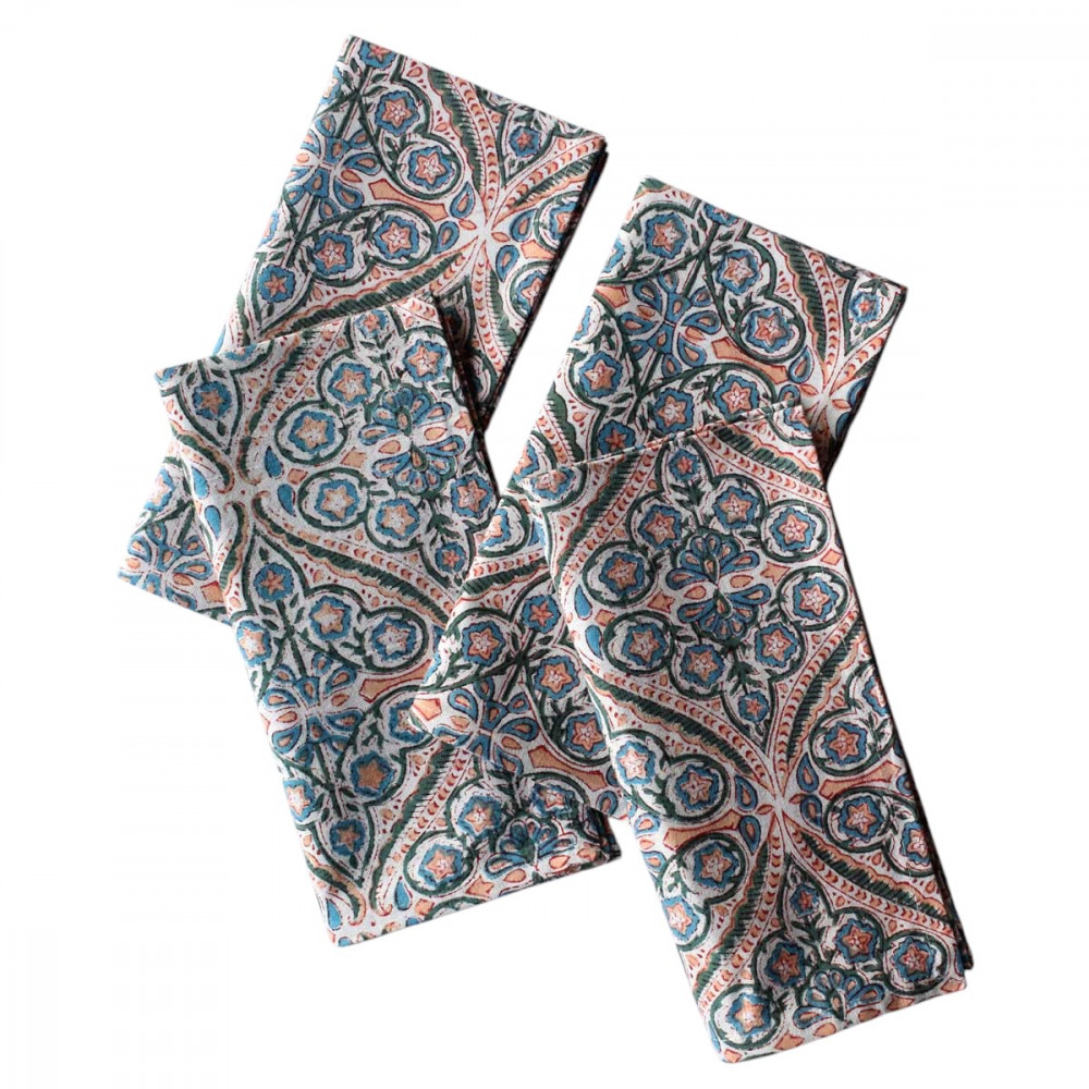 Image of Hand Block Printed Cotton Napkin 45x45 cms (Set of 4 Napkins) | Phool Chokri Coral Pink 104394
