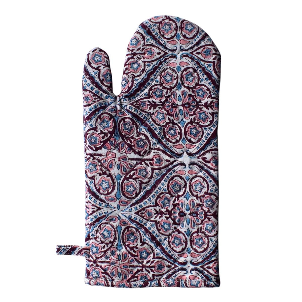 Artisan-Made Hand Block Printed Oven Mitt and Pot Holder Set Phool Chokri Grape Wine 104392