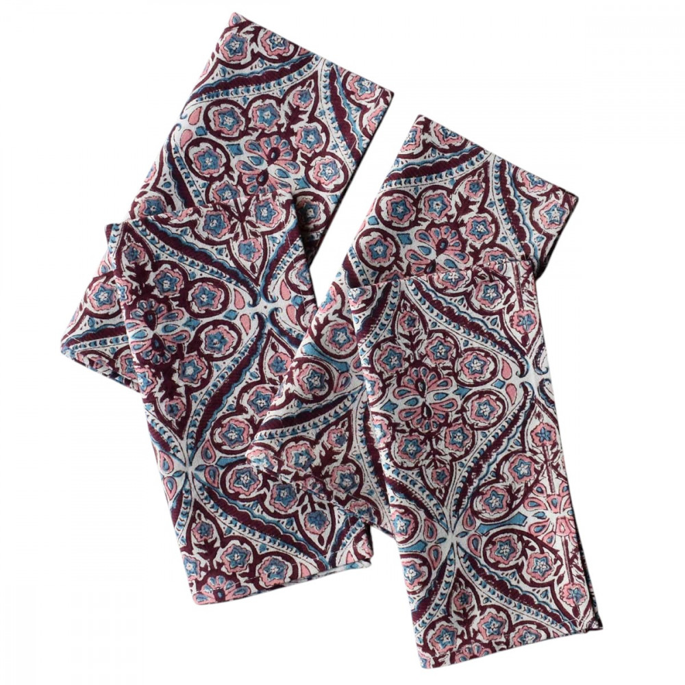Image of Hand Block Printed Cotton Napkin 45x45 cms (Set of 4 Napkins) | Phool Chokri Grape Wine 104392