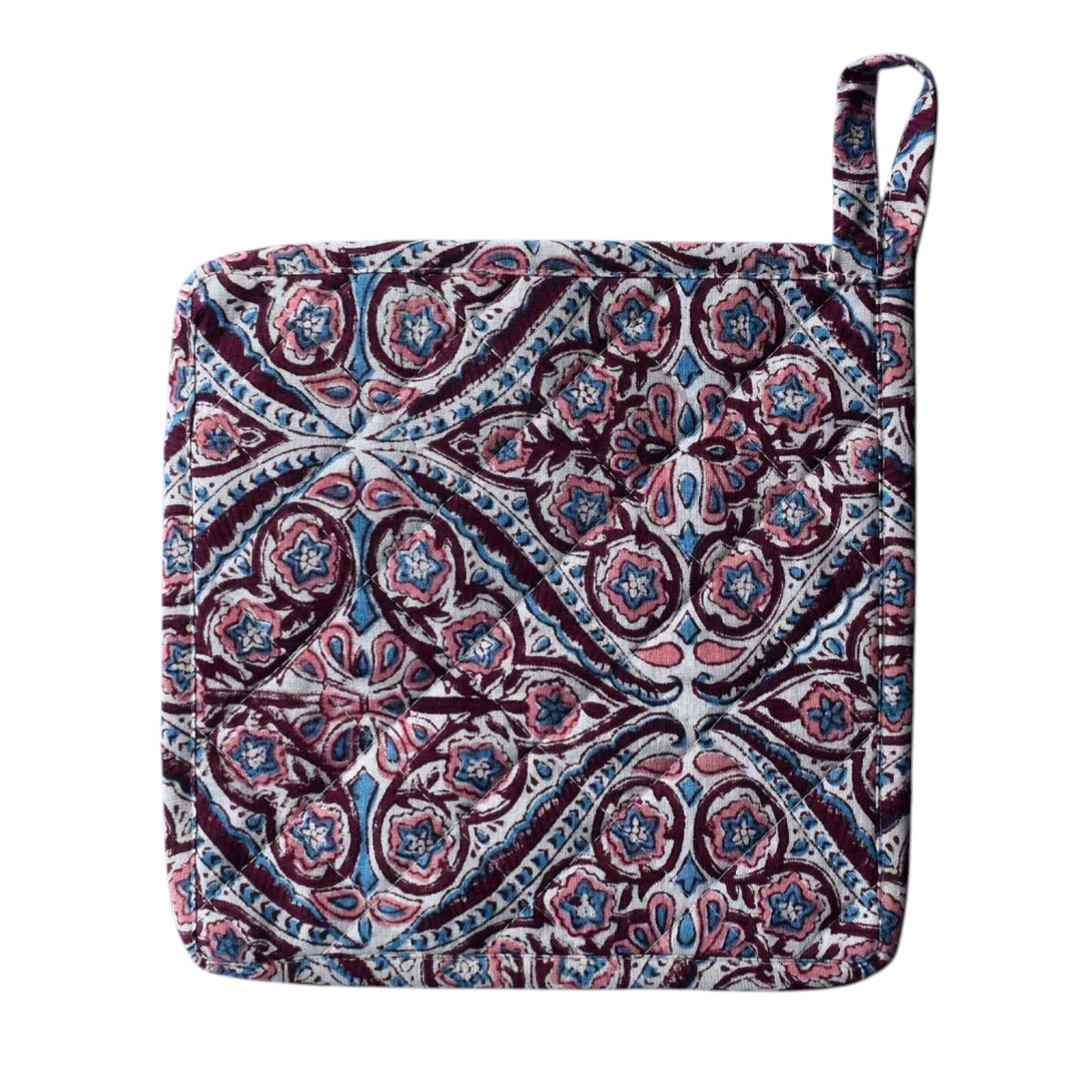 Artisan-Made Hand Block Printed Oven Mitt and Pot Holder Set Phool Chokri Grape Wine 104392