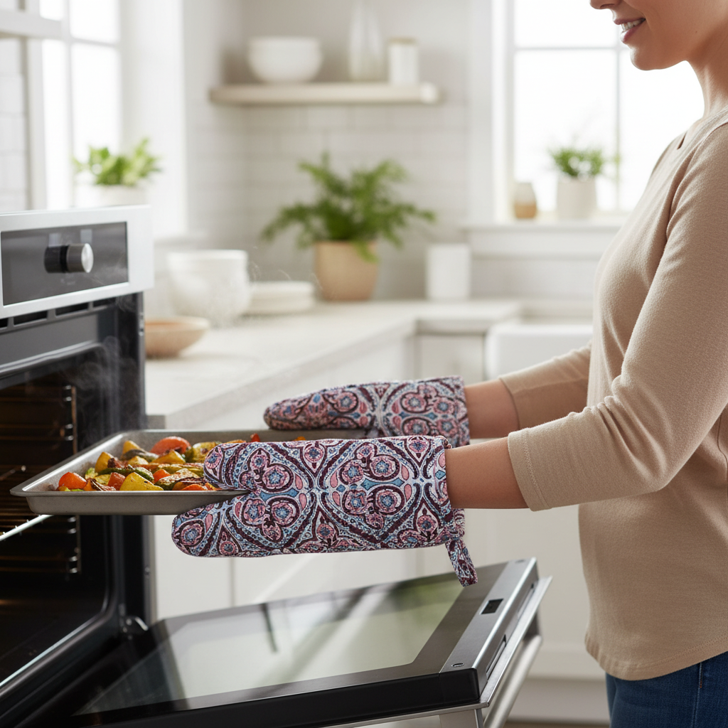 Artisan-Made Hand Block Printed Oven Mitt and Pot Holder Set  Phool Chokri Grape Wine 104392