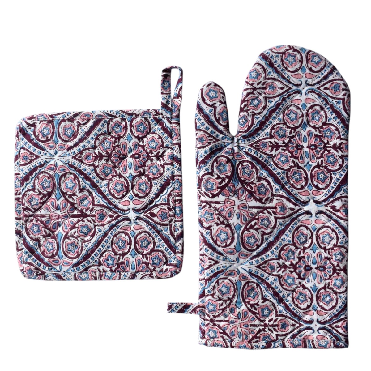 Artisan-Made Hand Block Printed Oven Mitt and Pot Holder Set Phool Chokri Grape Wine 104392