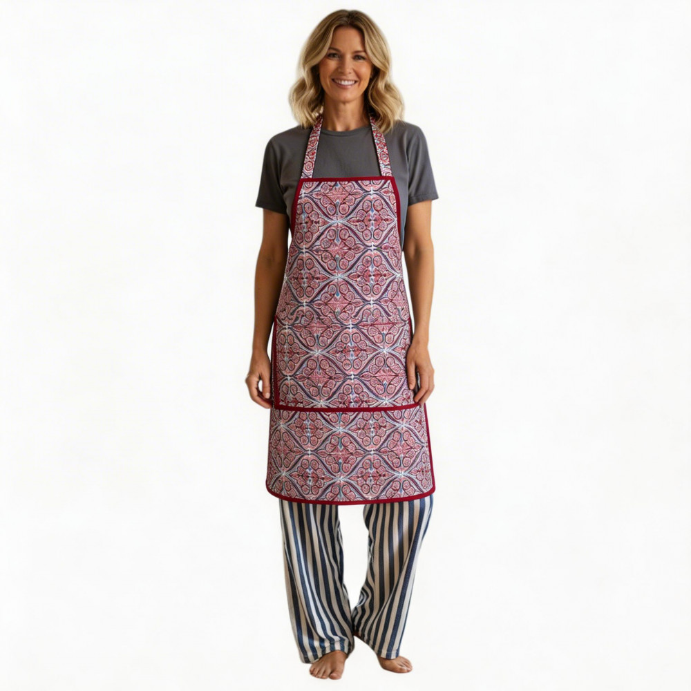 Image of Indian Block-Printed 100% Cotton Apron | Phool Chokri Grape Wine 104392