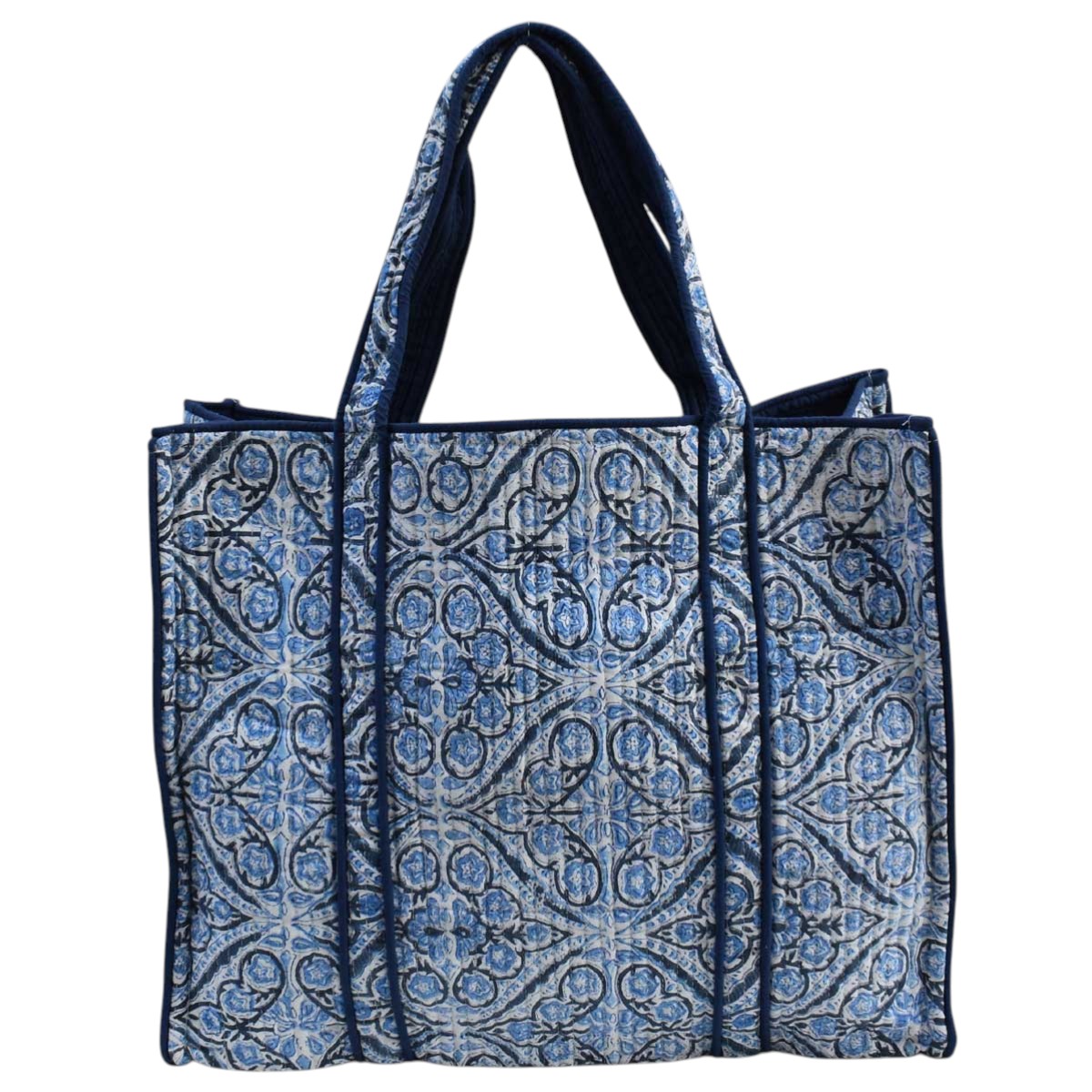 Hand Block Printed Cotton Quilted Tote Bag Phool Chokri Nili 505055