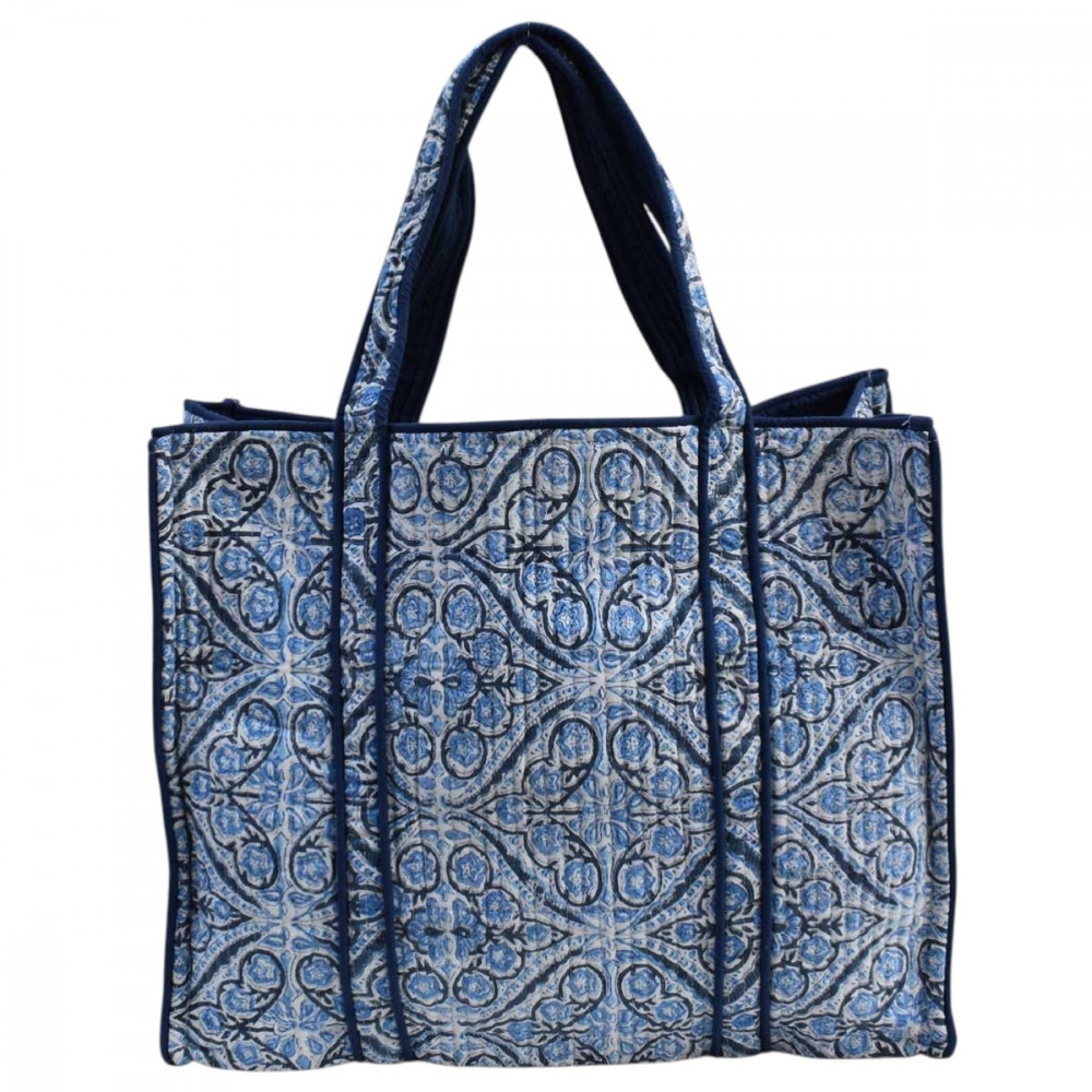 Image of Hand Block Printed Cotton Quilted Tote Bag | Phool Chokri Nili 505055