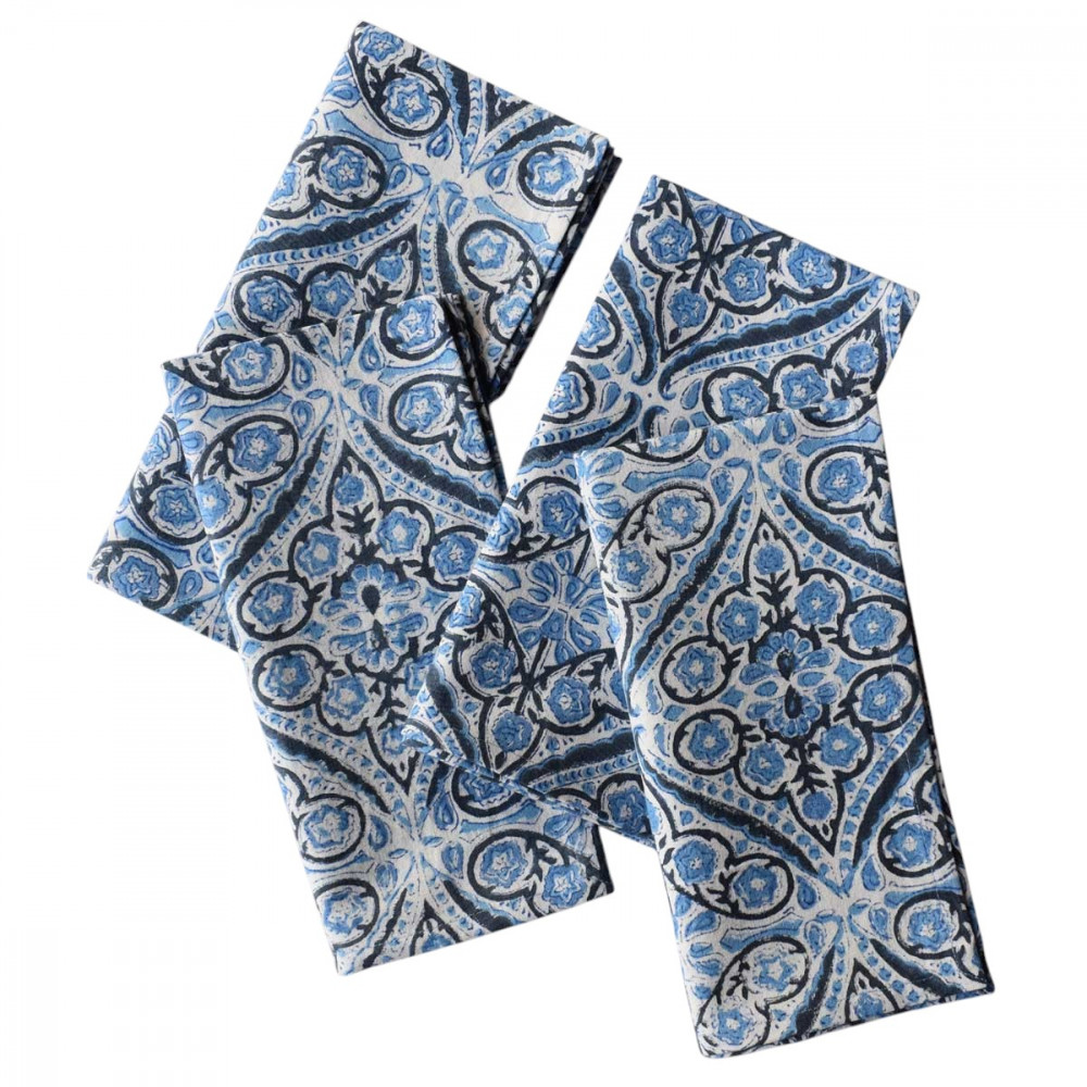 Image of Hand Block Printed Cotton Napkin 45x45 cms (Set of 4 Napkins) | Phool Chokri Nili 505055
