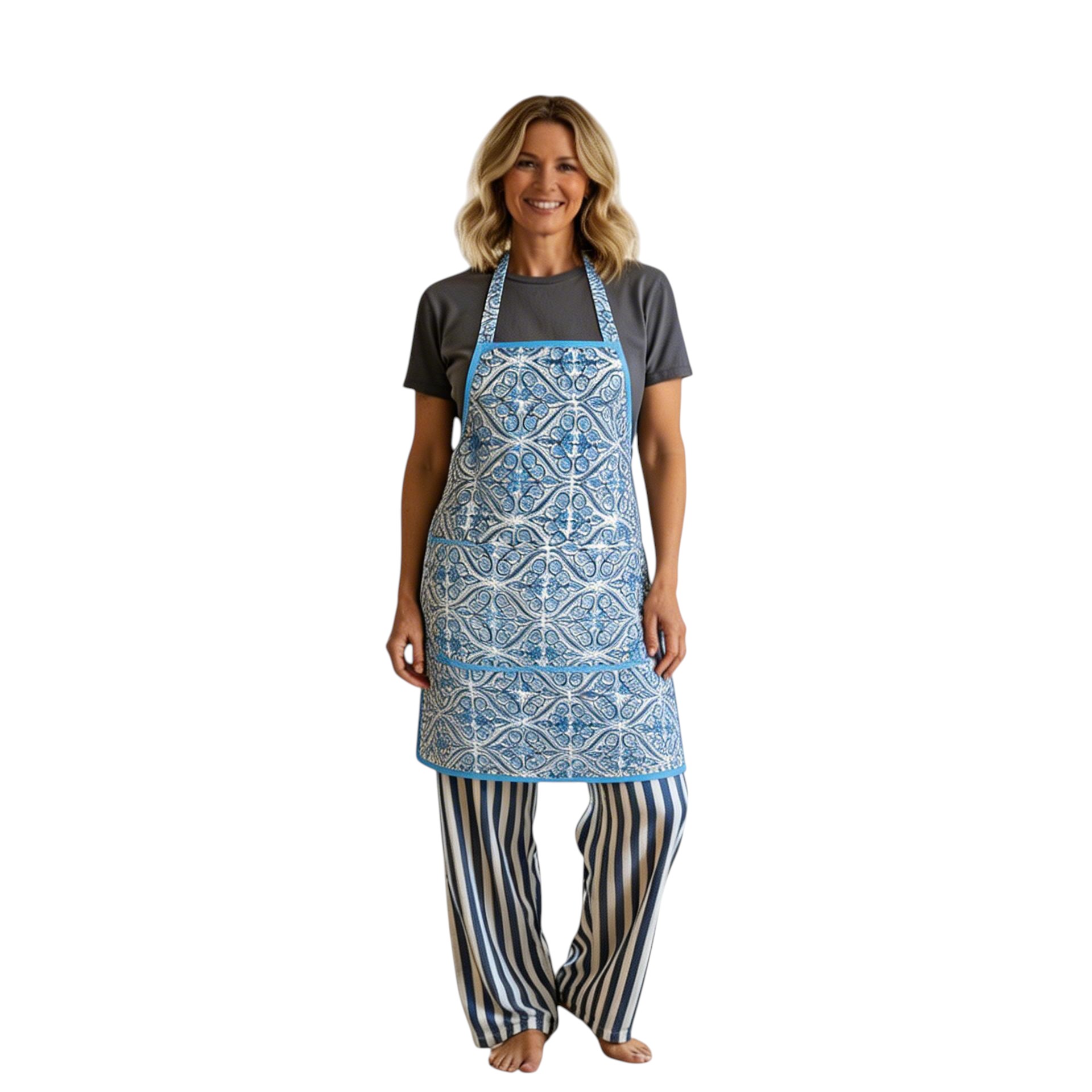 Indian Block-Printed 100 Cotton Apron Phool Chokri Nili 505055