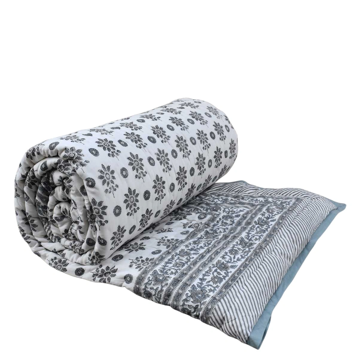 Hand Block Printed Cotton Queen Size Quilt Phool Tara Grey 260116