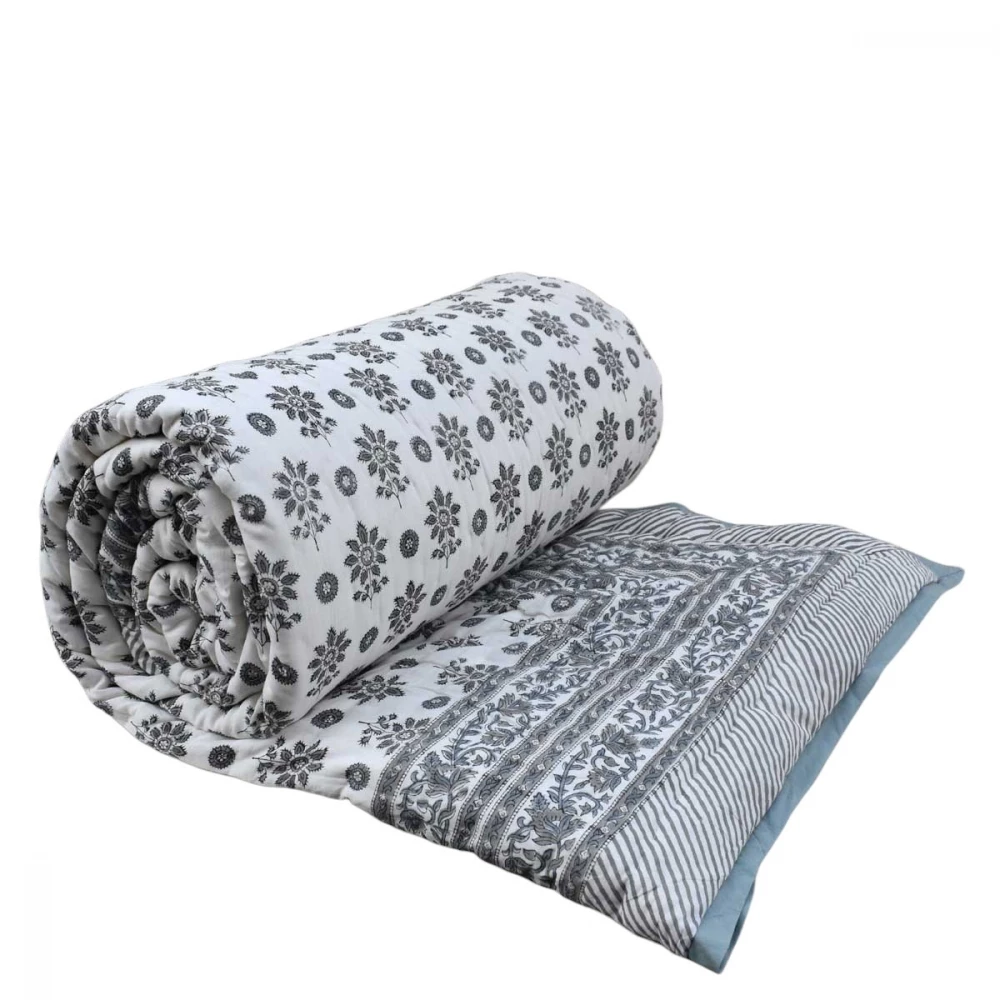 Image of Hand Block Printed Cotton Queen Size Quilt | Phool Tara Grey 260116