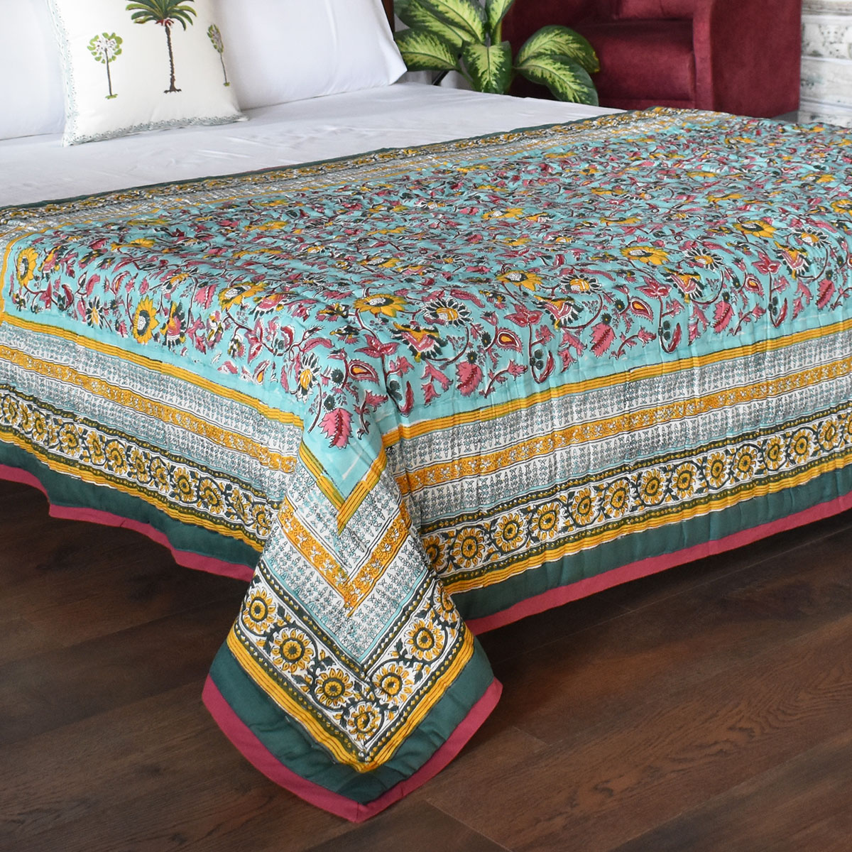 Hand Block Printed Twin Size Quilt  Phuljhari Jade 21408