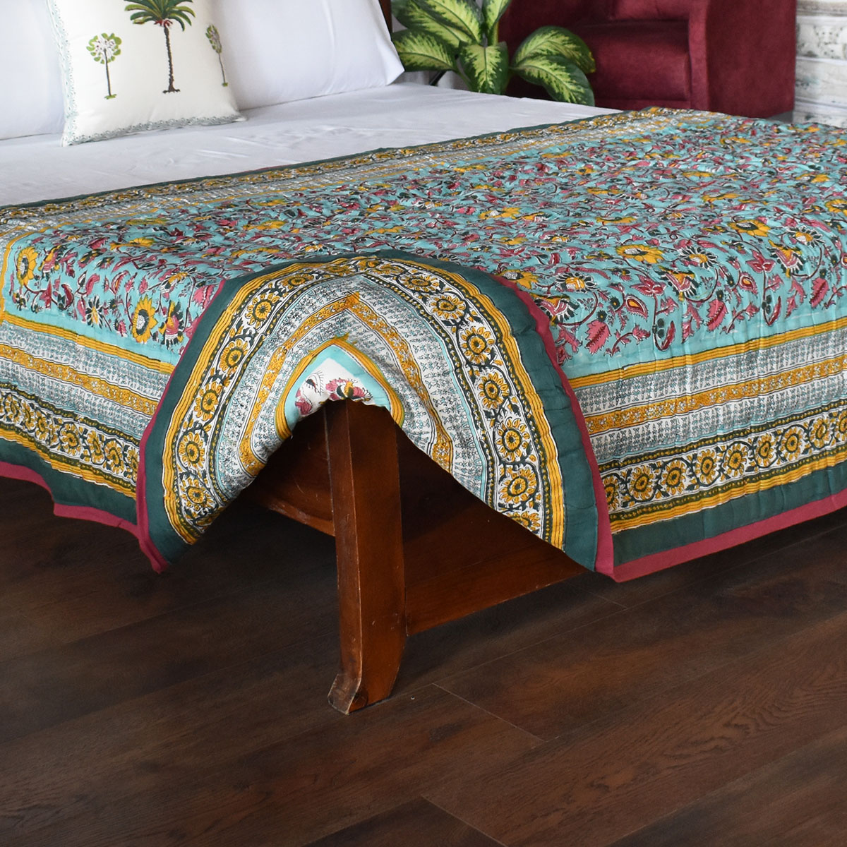 Hand Block Printed Twin Size Quilt Phuljhari Jade 21408