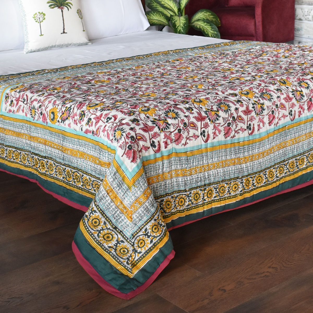 Hand Block Printed Twin Size Quilt  Phuljhari Jade 21408