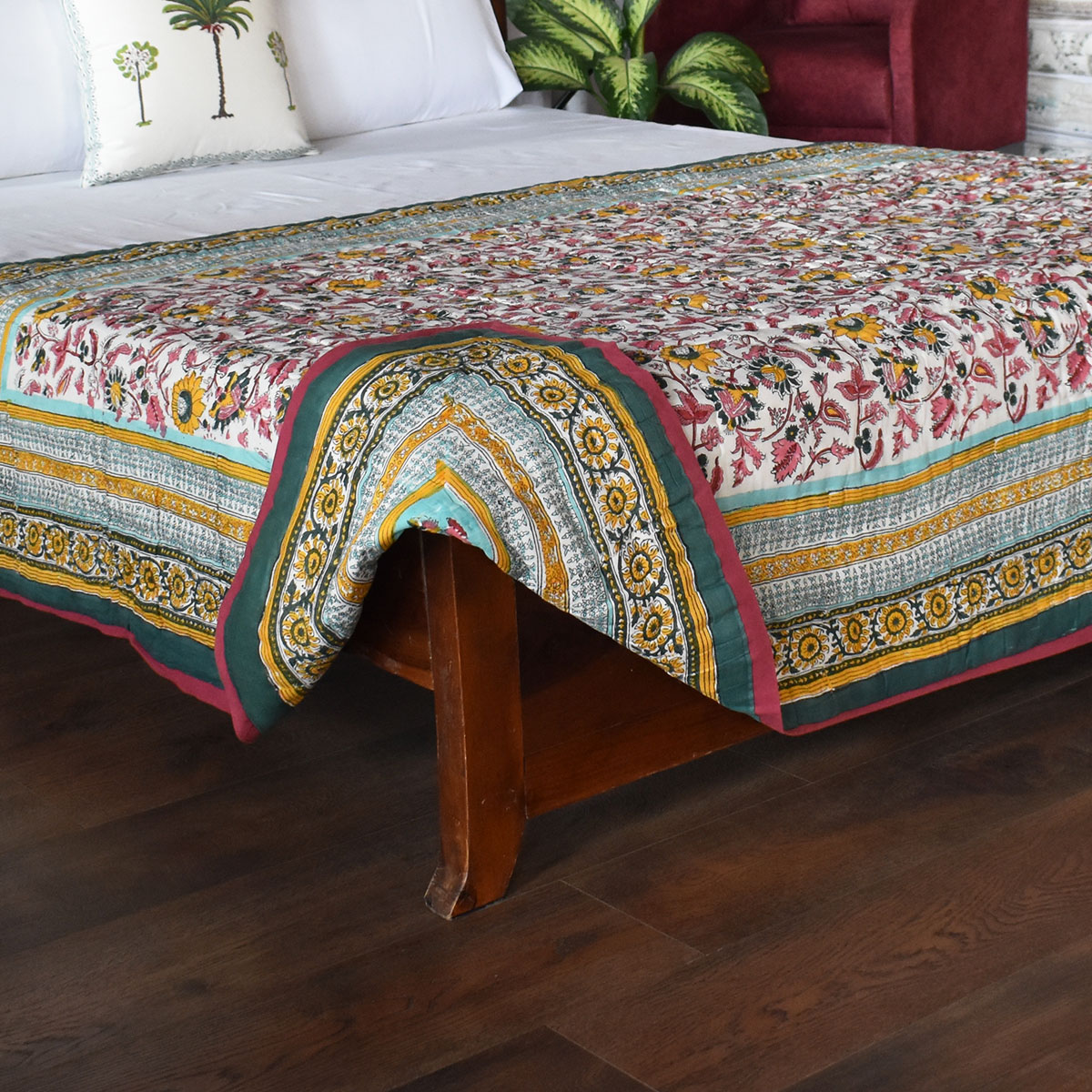 Hand Block Printed Twin Size Quilt Phuljhari Jade 21408