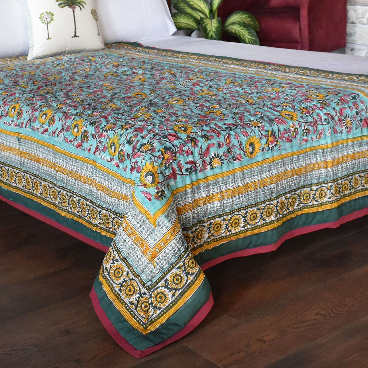 Hand Block Printed Twin Size Quilt Phuljhari Jade 21408