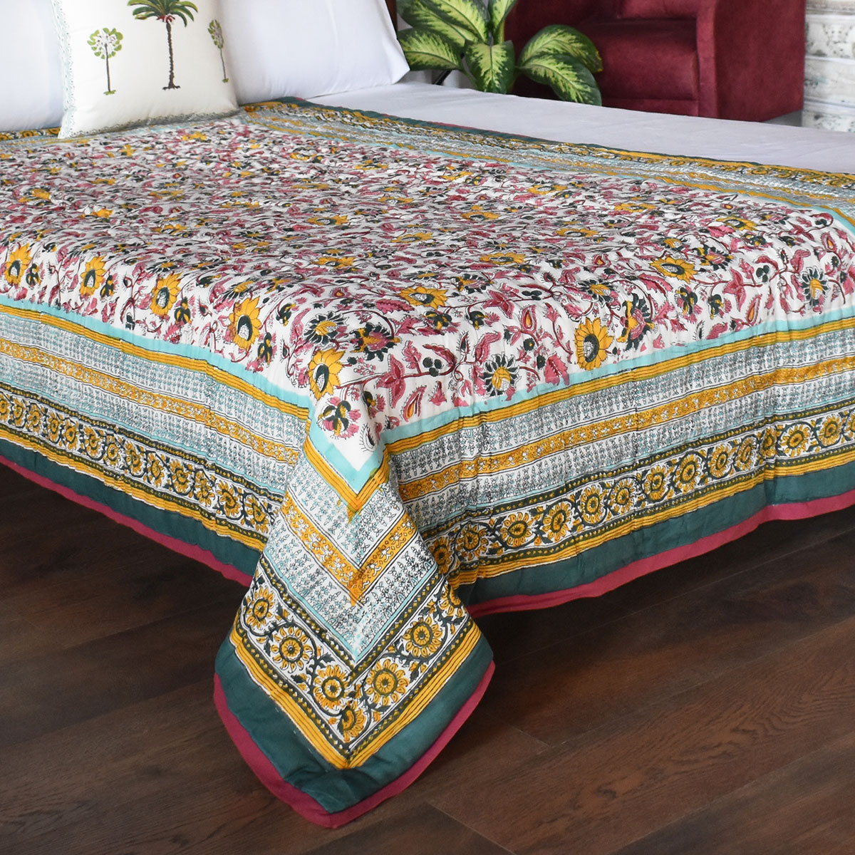 Hand Block Printed Twin Size Quilt Phuljhari Jade 21408